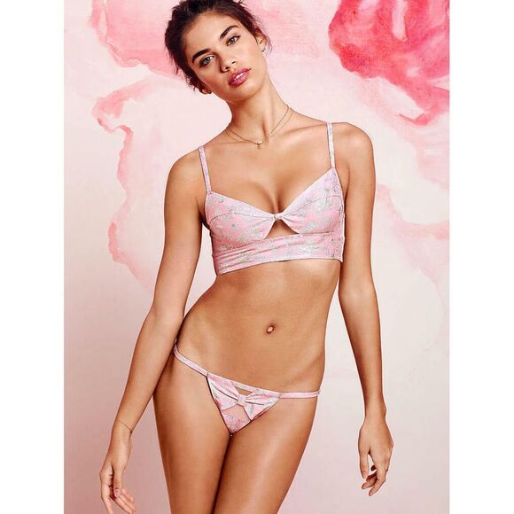 Victoria's Secret Designer Collection 32C BRA BRALETTE SET S Pink Silver Palm - Picture 1 of 6